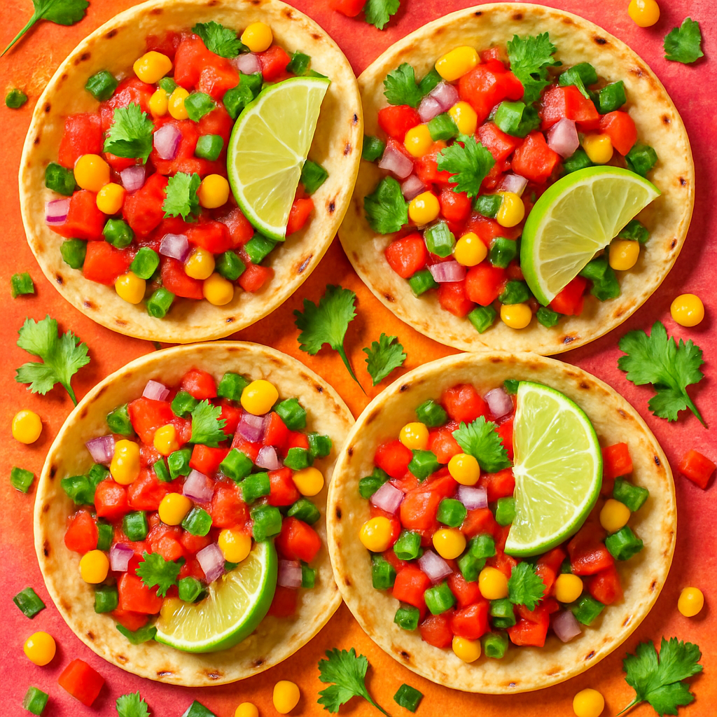 Colorful tacos with fresh salsa and lime wedges