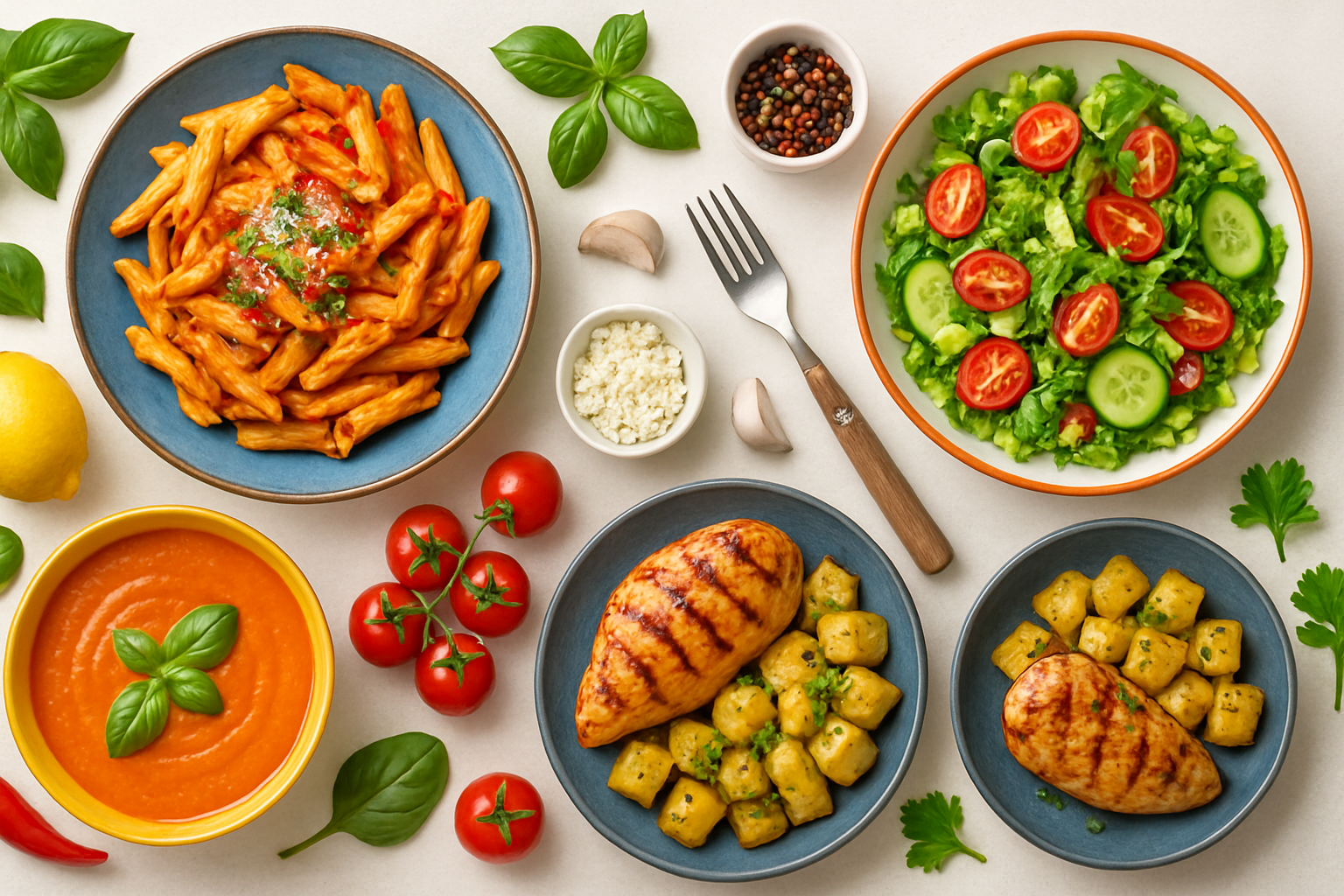 Appetizing flatlay of colorful dishes and fresh ingredients on bright background