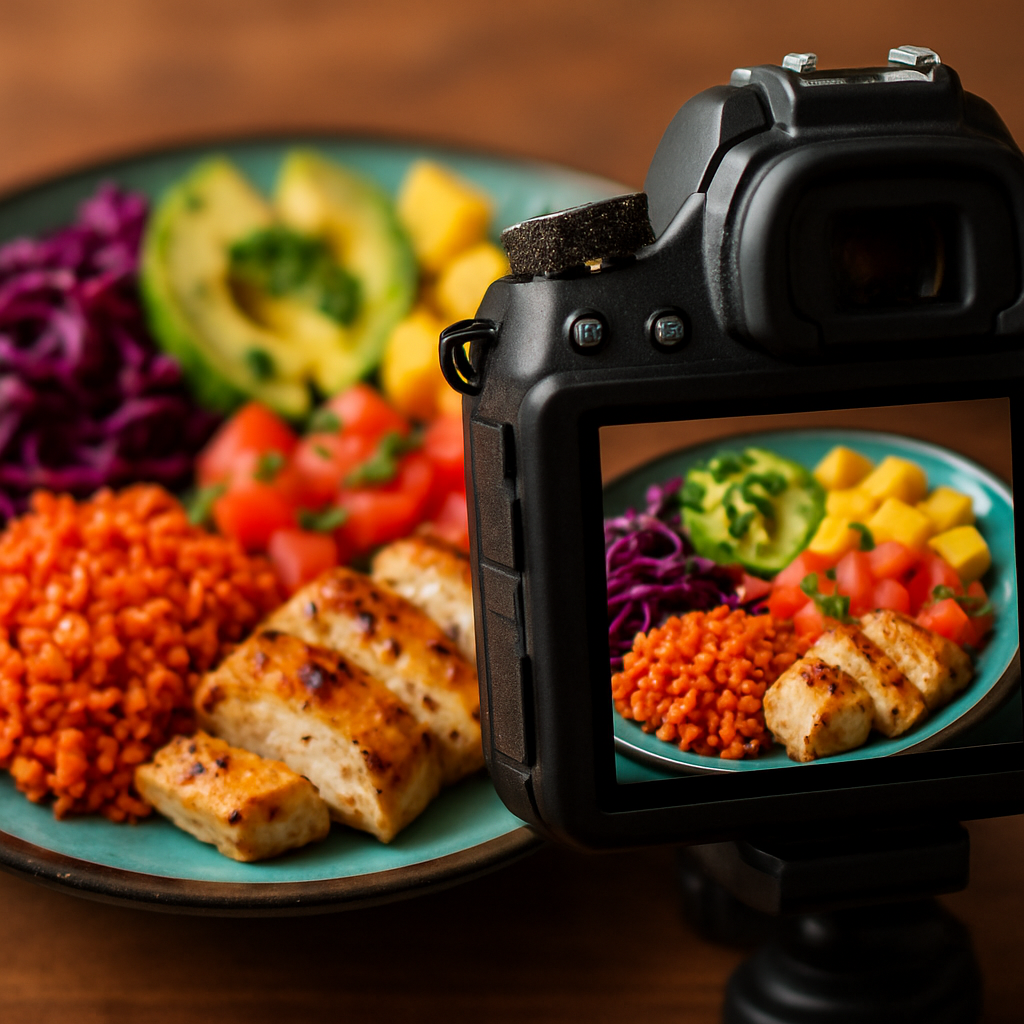 Plate of vibrant food with camera focusing on it