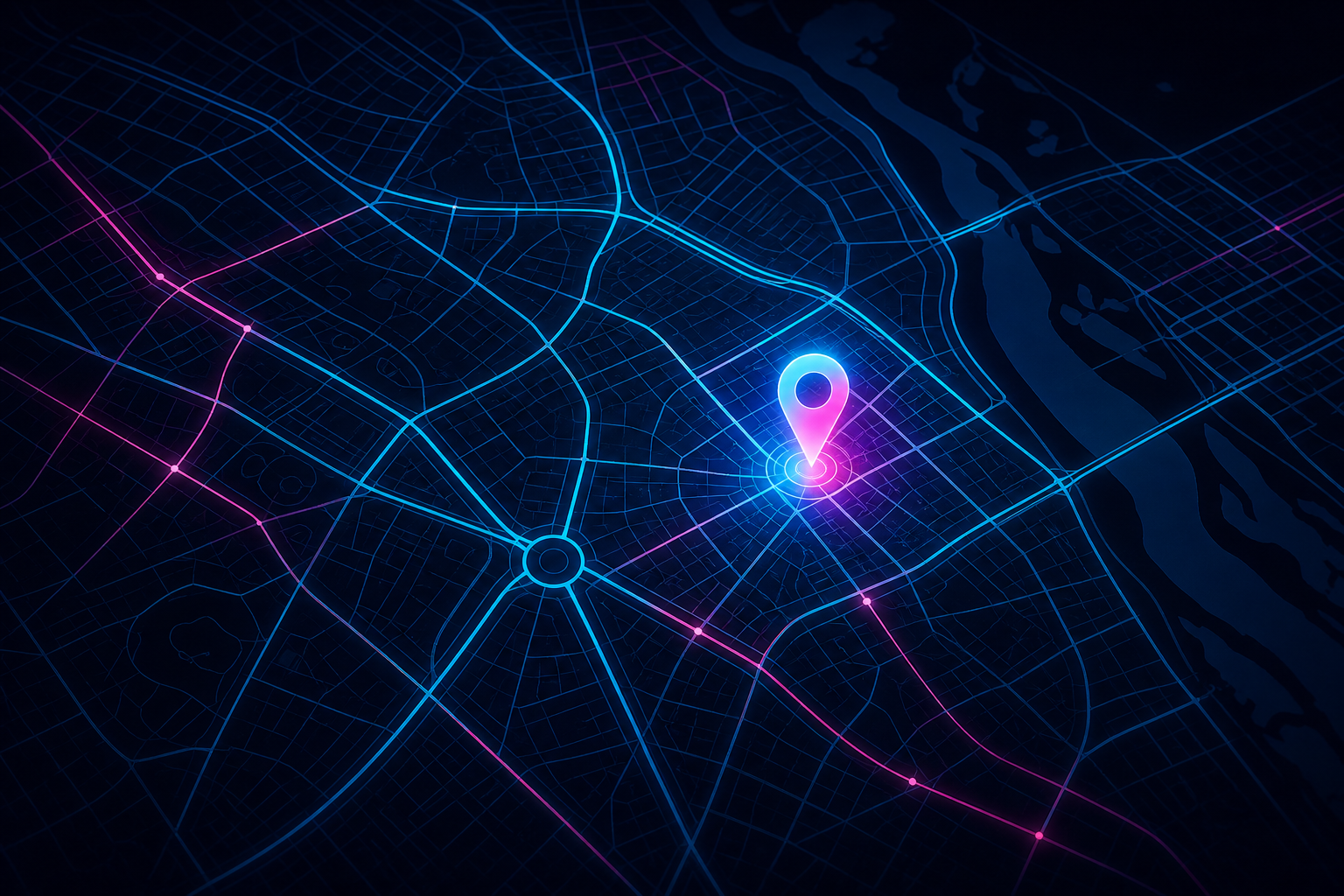 Stylized dark map illustration showing the location of the UNIT.City venue in Kyiv with a glowing cyan and fuchsia pin marker