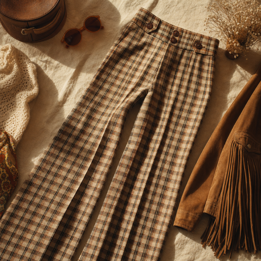 High-waisted plaid trousers with an easy drape made for statement styling.