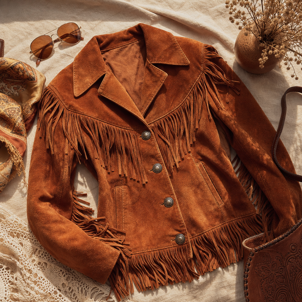 Soft caramel suede with fringe detailing and a true 70s silhouette.