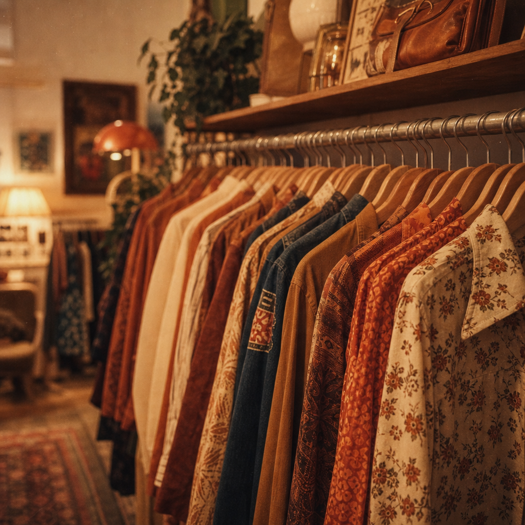 Warm, film-style photo of a vintage clothing rack with earth-toned 70s and 80s garments in terracotta, rust, and cream, softly lit like sunset.