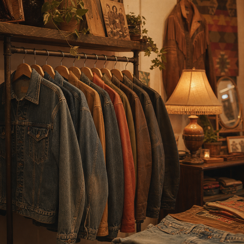 Cozy boutique interior with vintage jackets and denim on hangers, a warm lamp glow, and subtle analog grain texture.