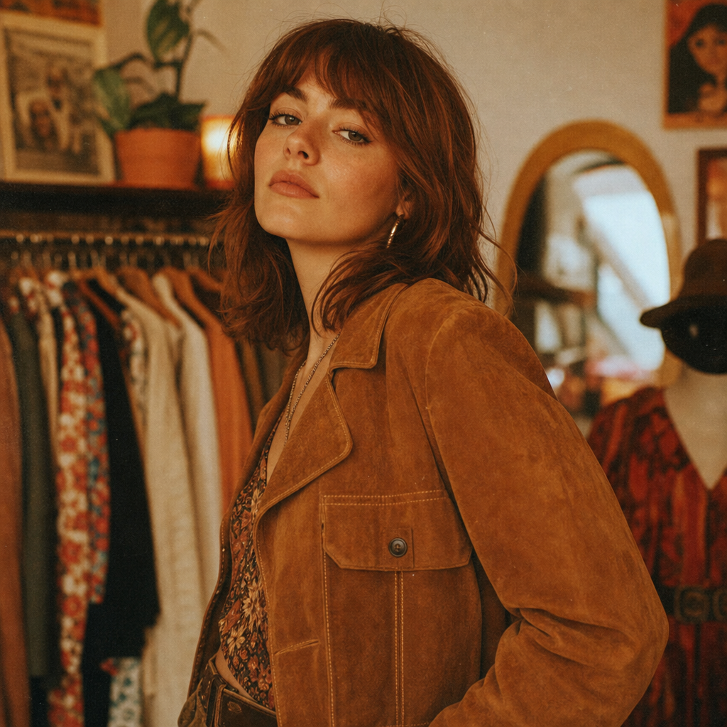 Warm film portrait of a young woman with shoulder-length auburn hair wearing a caramel suede jacket
