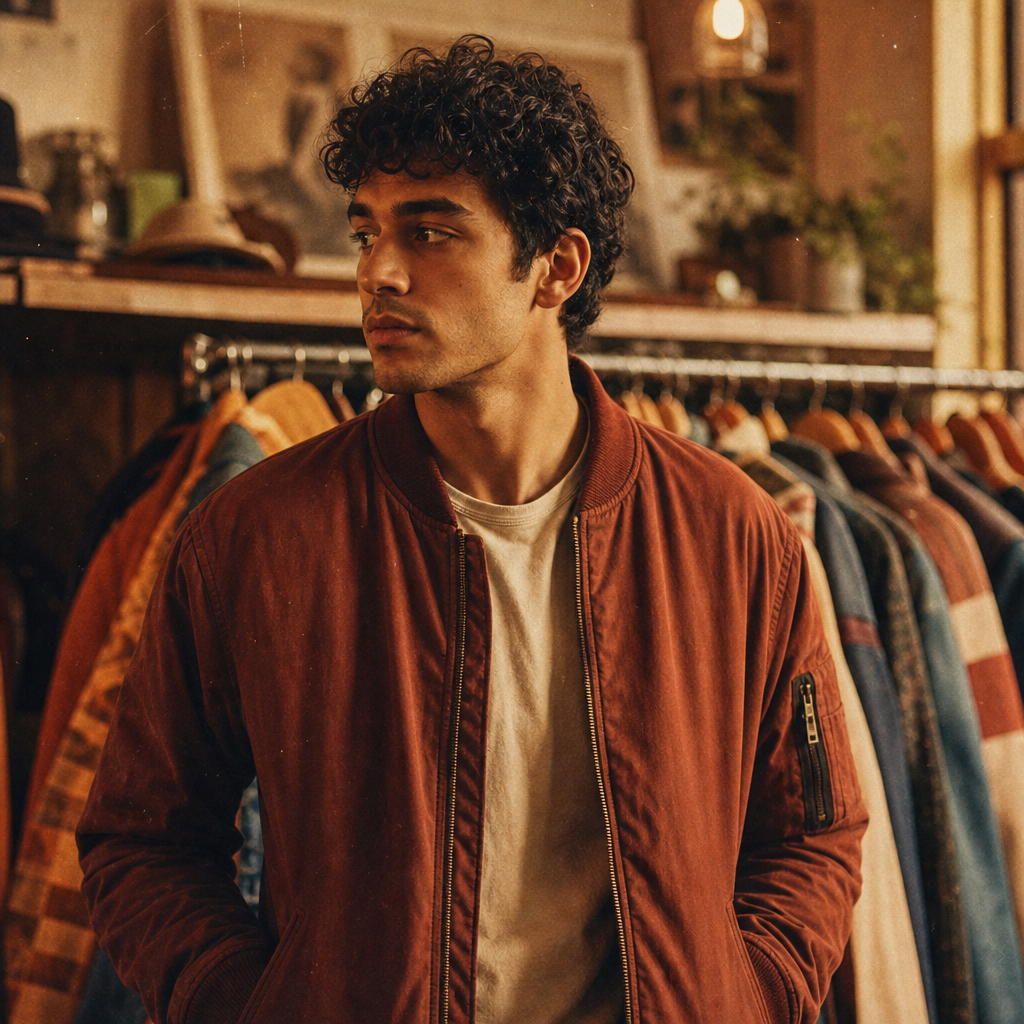 Film-style portrait of a man with short dark curls wearing a rust bomber jacket