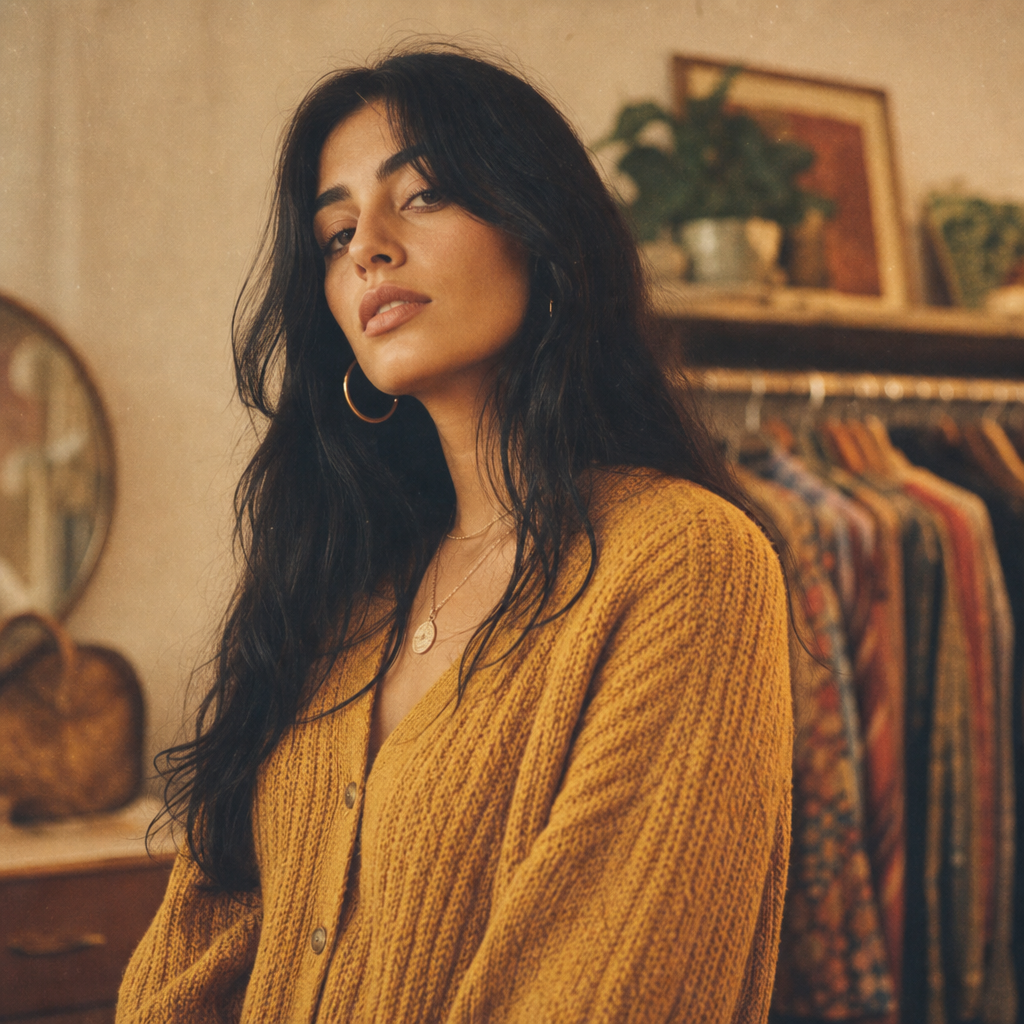 Soft-focus portrait of a woman with long black hair wearing a mustard knit cardigan
