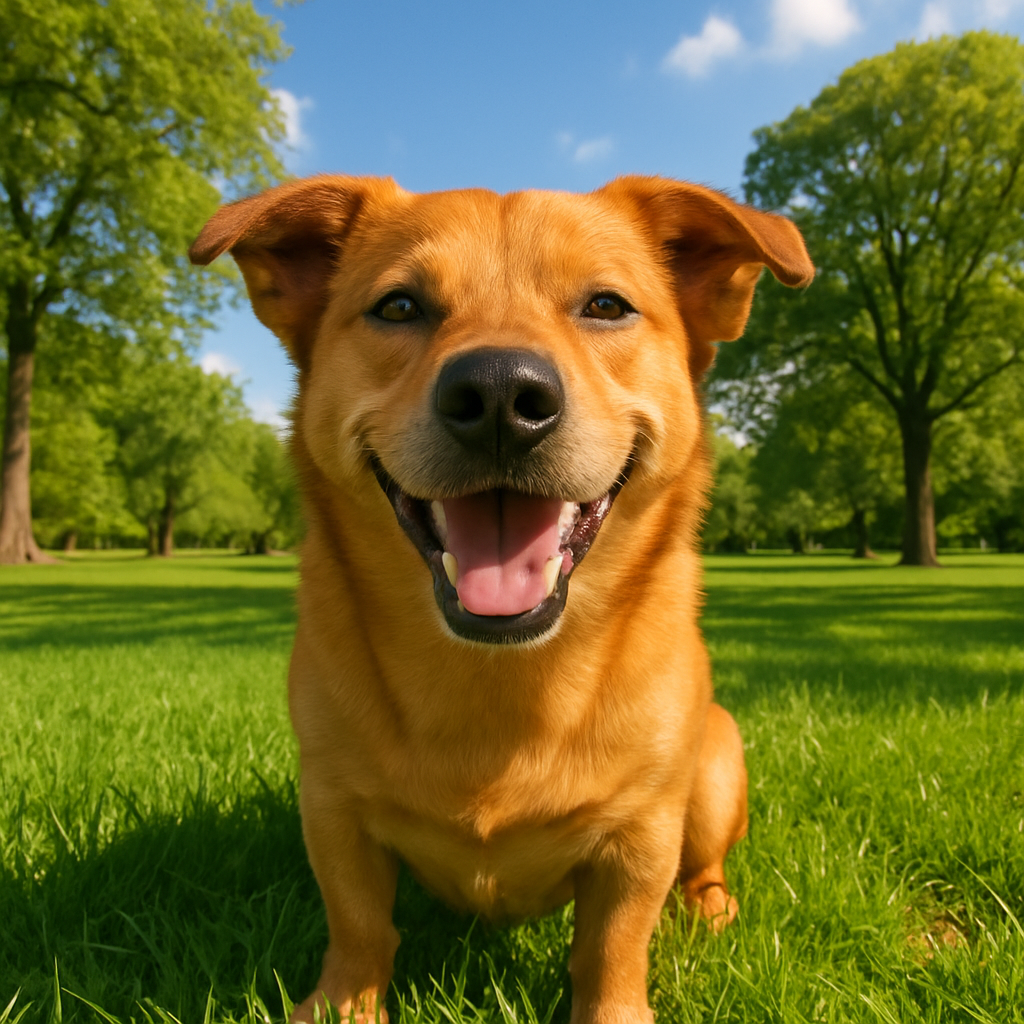 Весёлый рыжий пёс с улыбкой на морде в зелёном парке