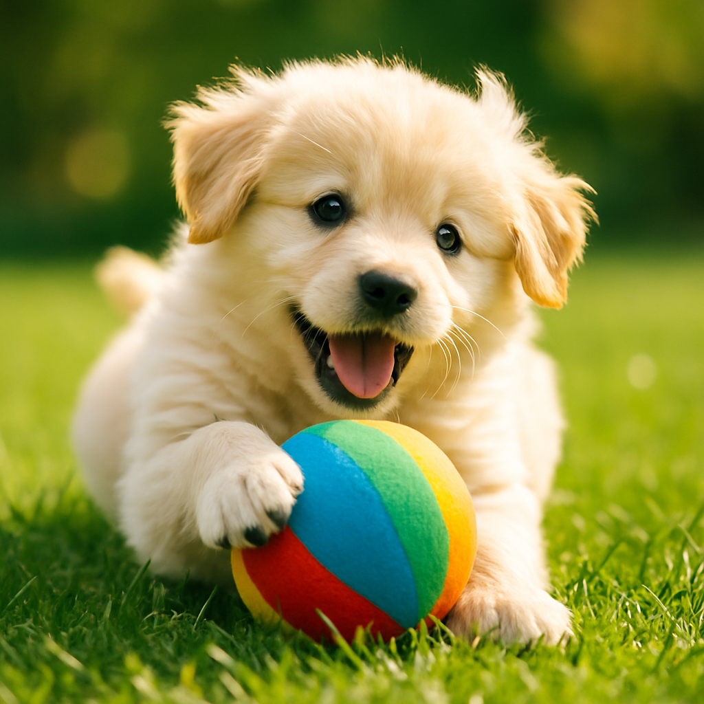 Пушистый щенок играет с мячом на лужайке, весёлое настроение