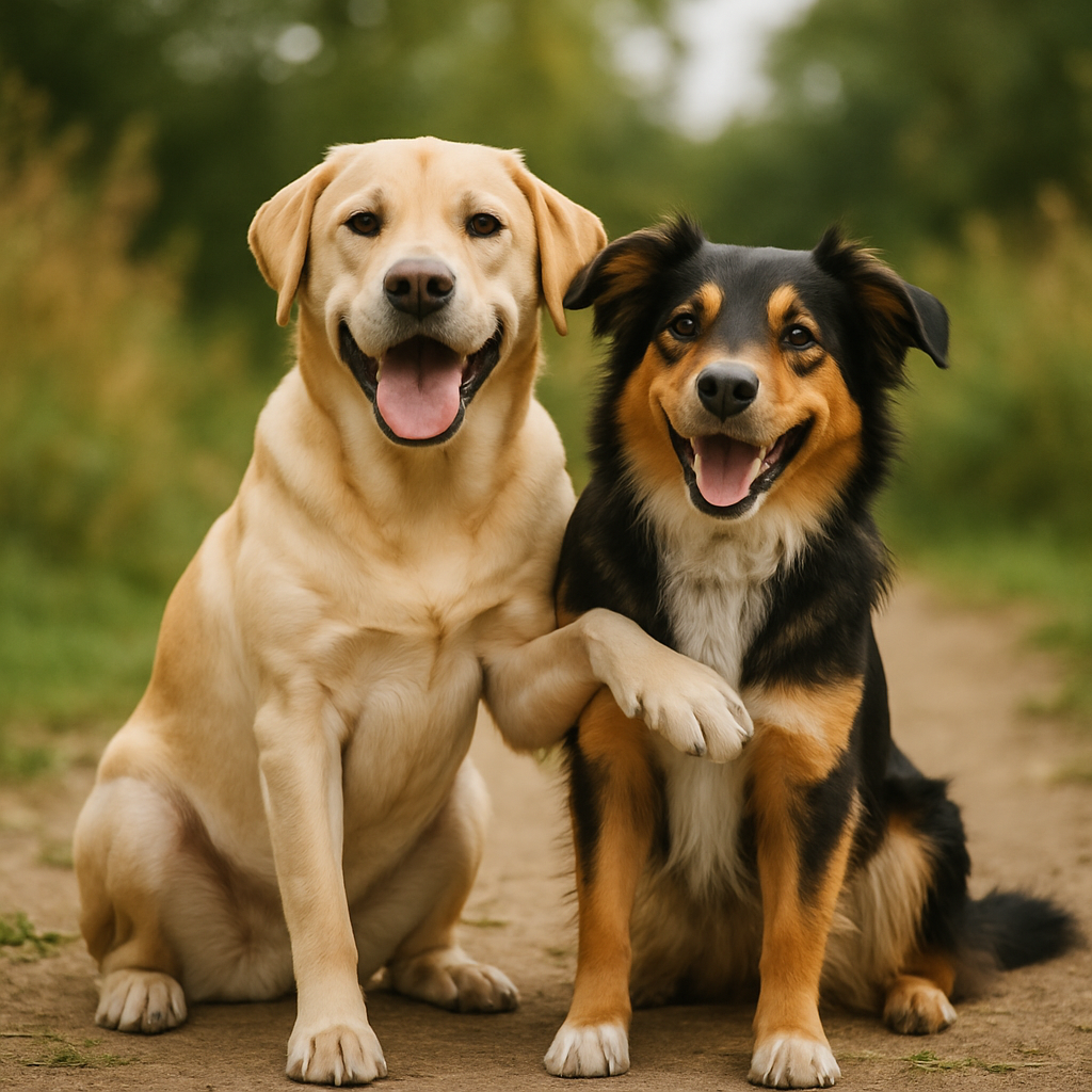 Два друга-собаки сидят рядом, один обнимает другого лапой