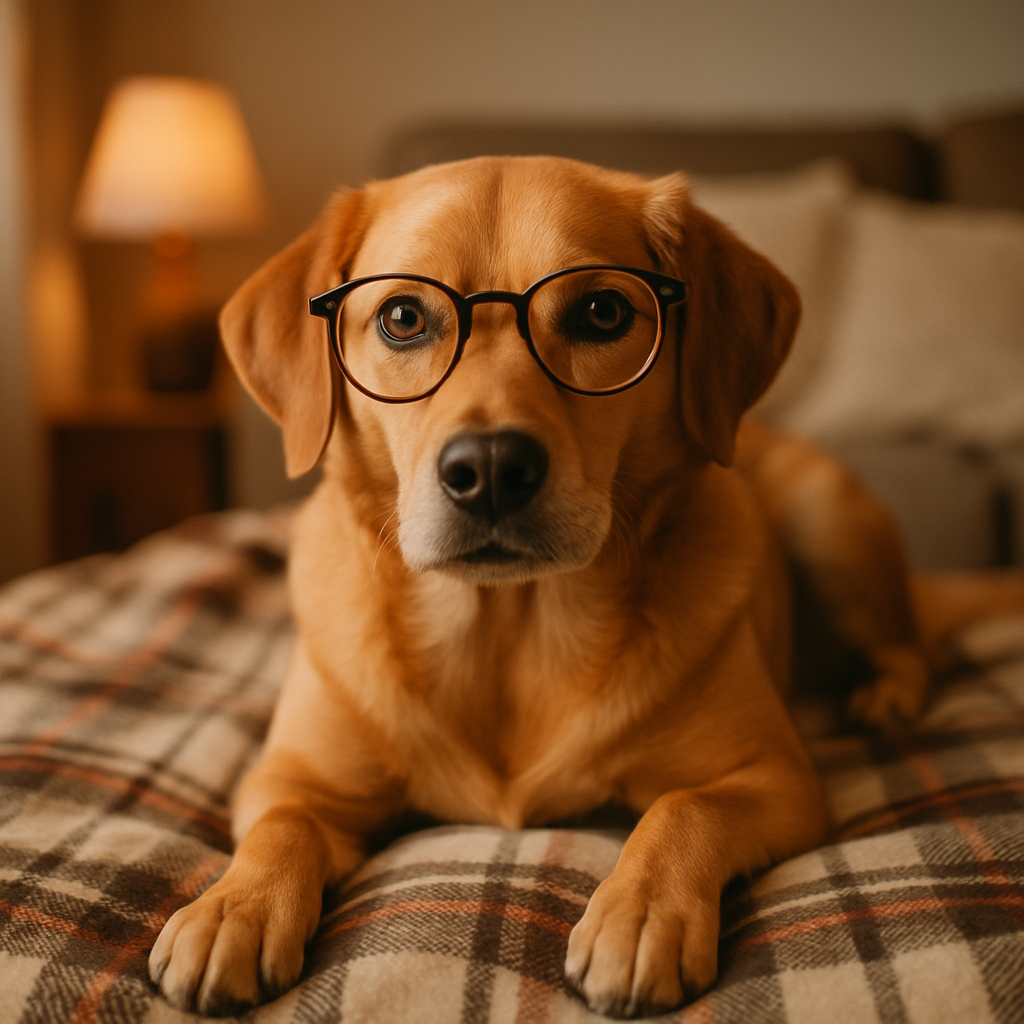 Собака в очках лежит на пледе, уютная домашняя атмосфера