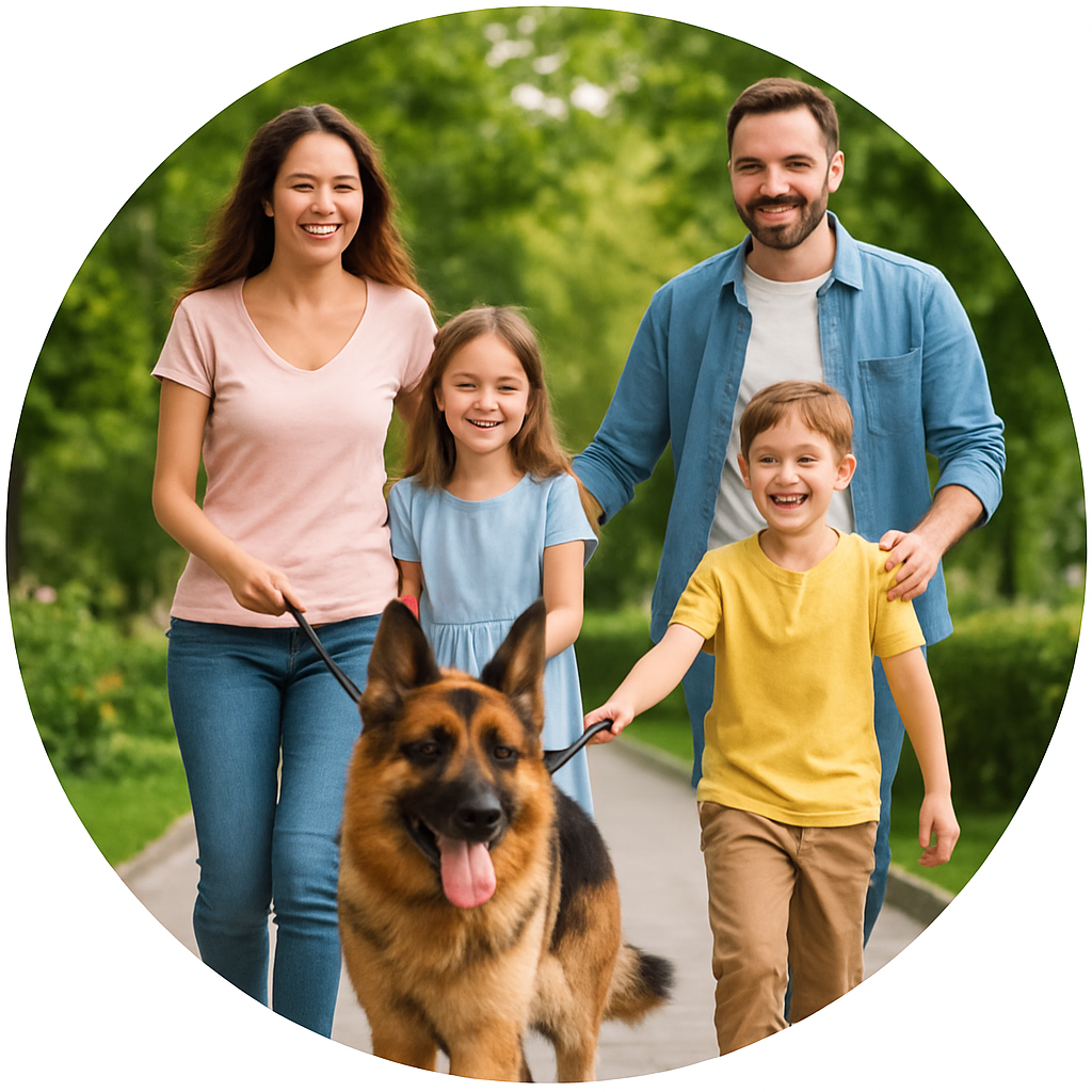 Семья с собакой на прогулке
