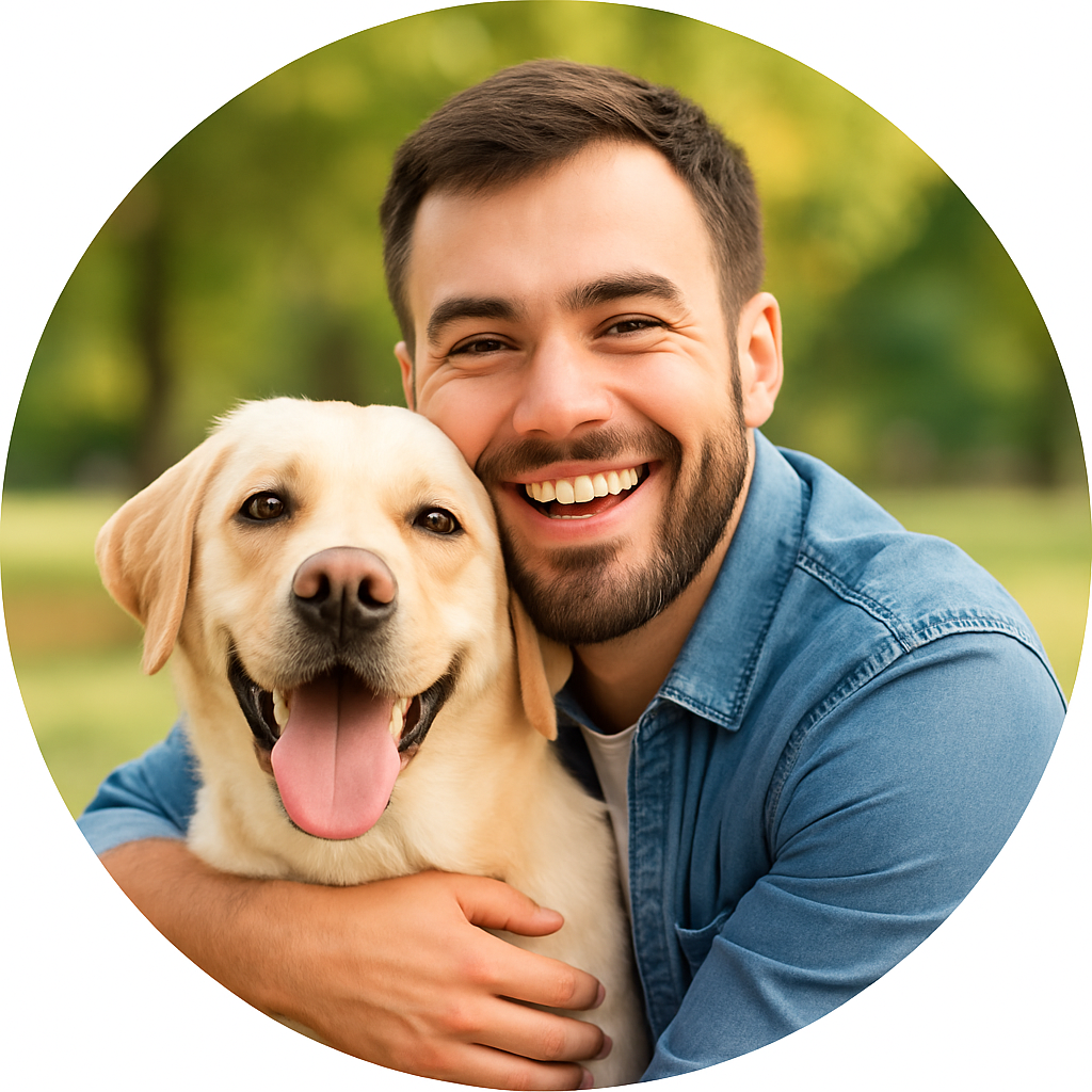 Счастливый посетитель с собакой