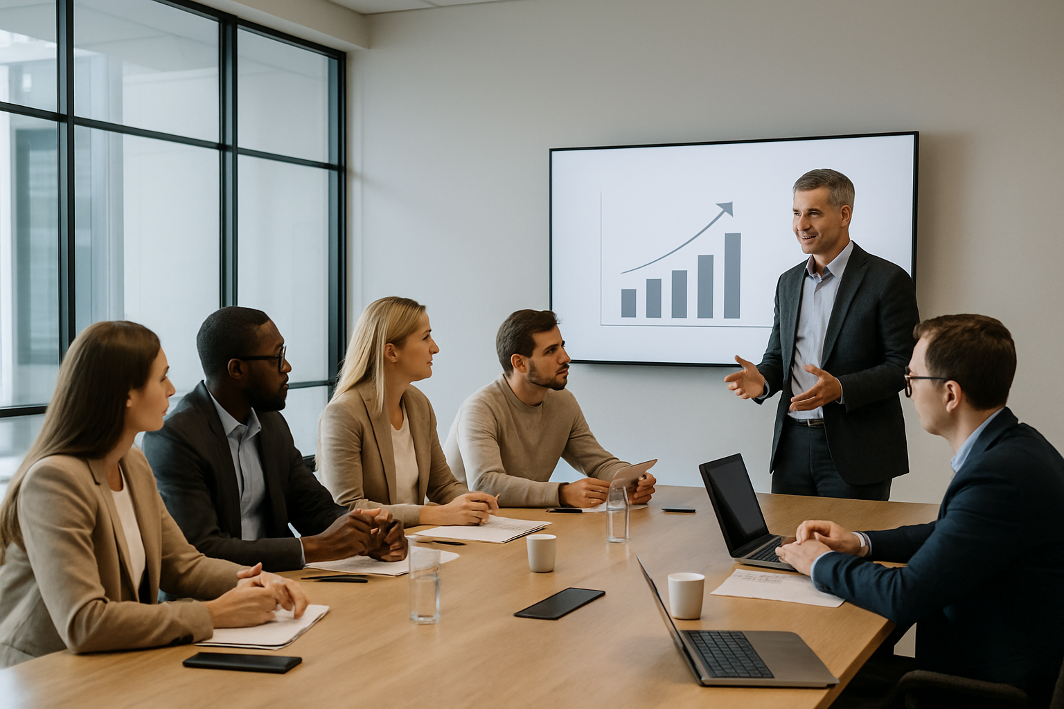 Authentic business sales training workshop with a facilitator guiding professionals around a modern meeting table