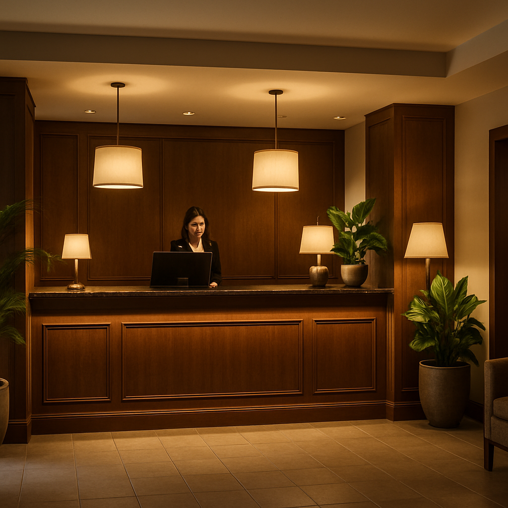Recepção sofisticada e acolhedora do Oeste Hotel