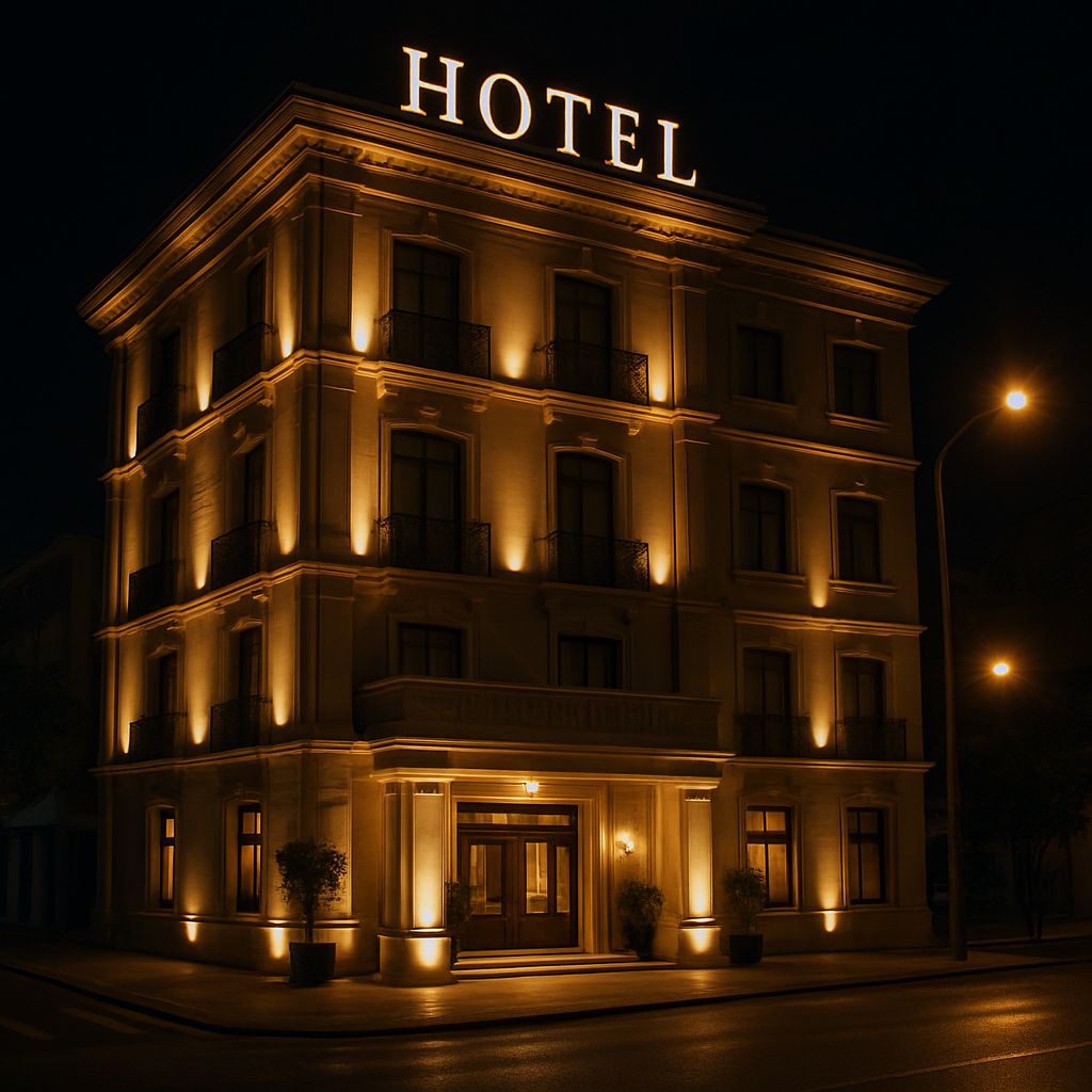 Fachada do Oeste Hotel com iluminação noturna