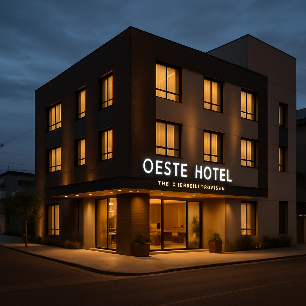 Fachada do Oeste Hotel, edifício elegante e acolhedor ao entardecer em São Lourenço do Oeste