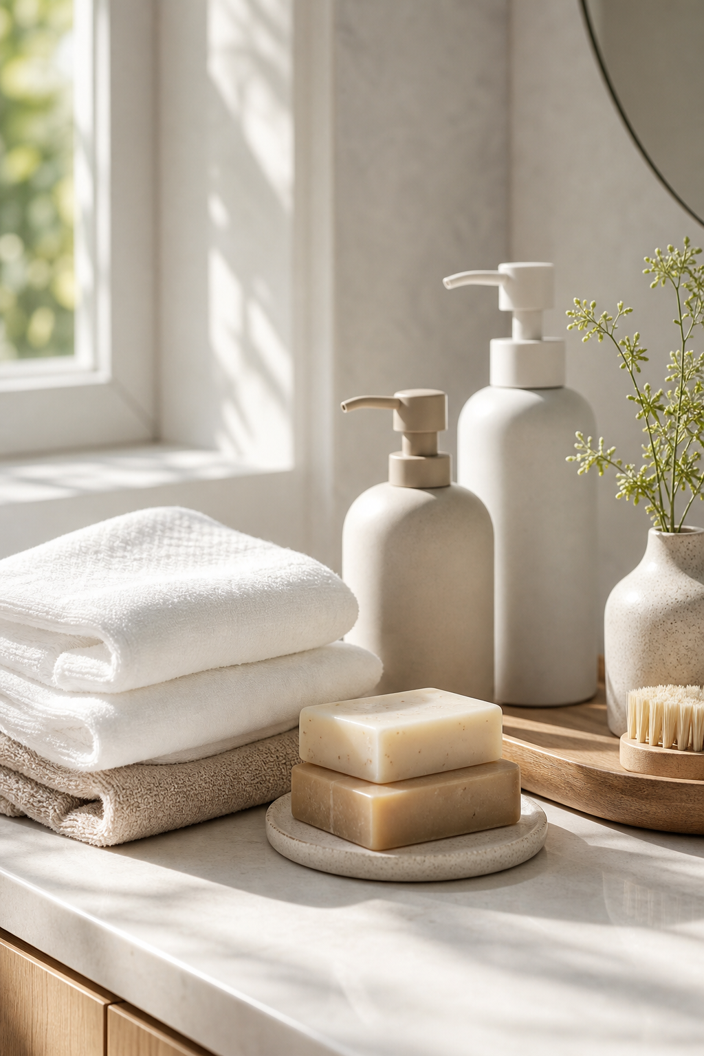 Bright self-care arrangement with folded cotton towels, natural soap bars, pump bottles, and soft morning sunlight on a bathroom counter