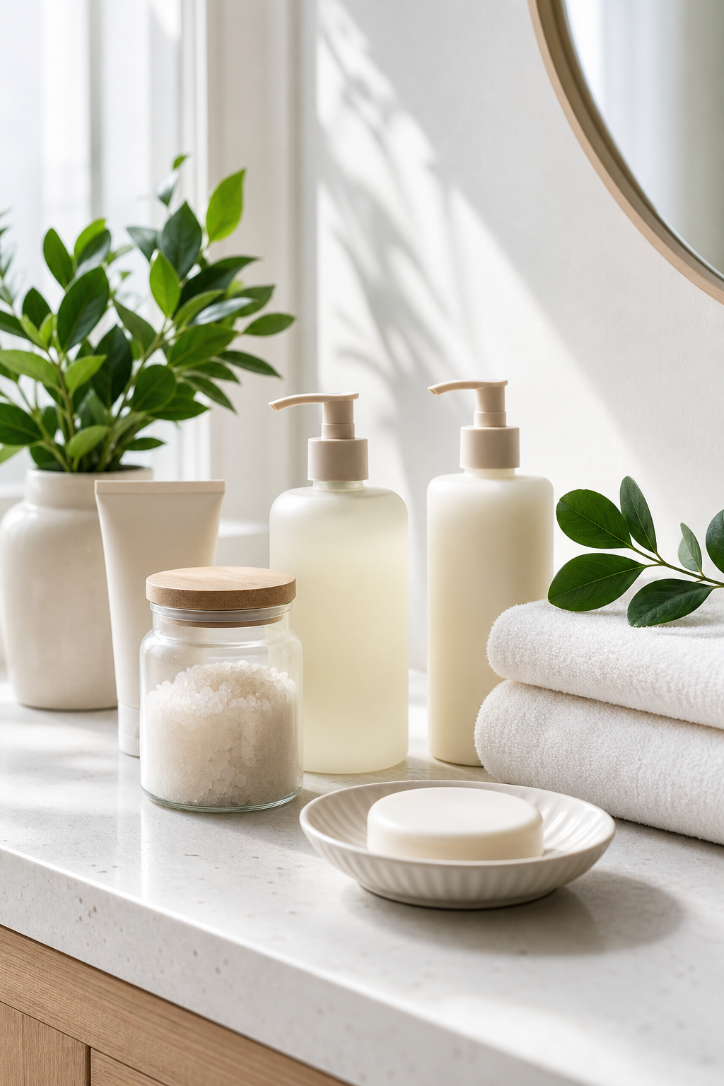Neatly arranged bath and self-care products in a bright, soft washroom setting with folded towels and natural light