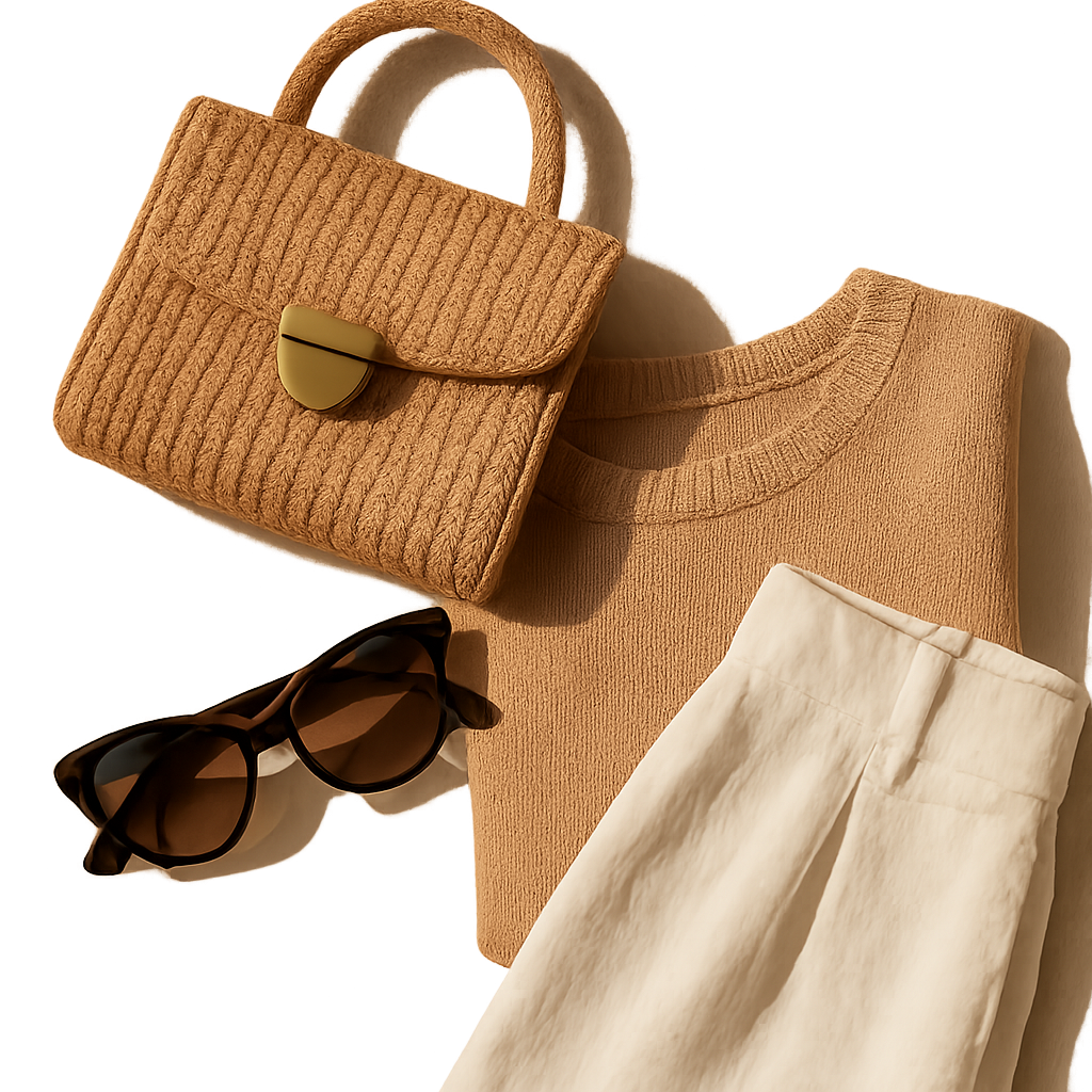 Flat lay of boutique accessories, sunglasses, and a textured handbag