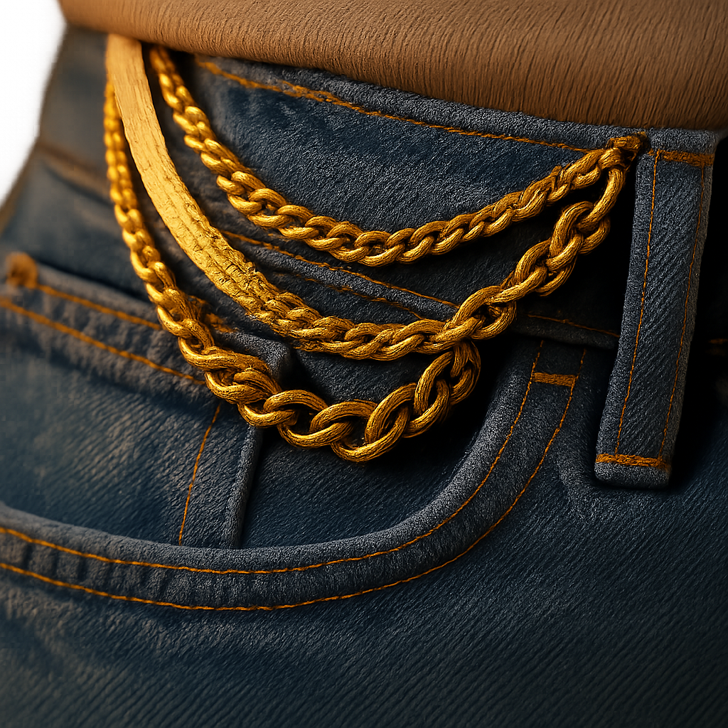 Close-up of textured blue denim and layered jewelry styling