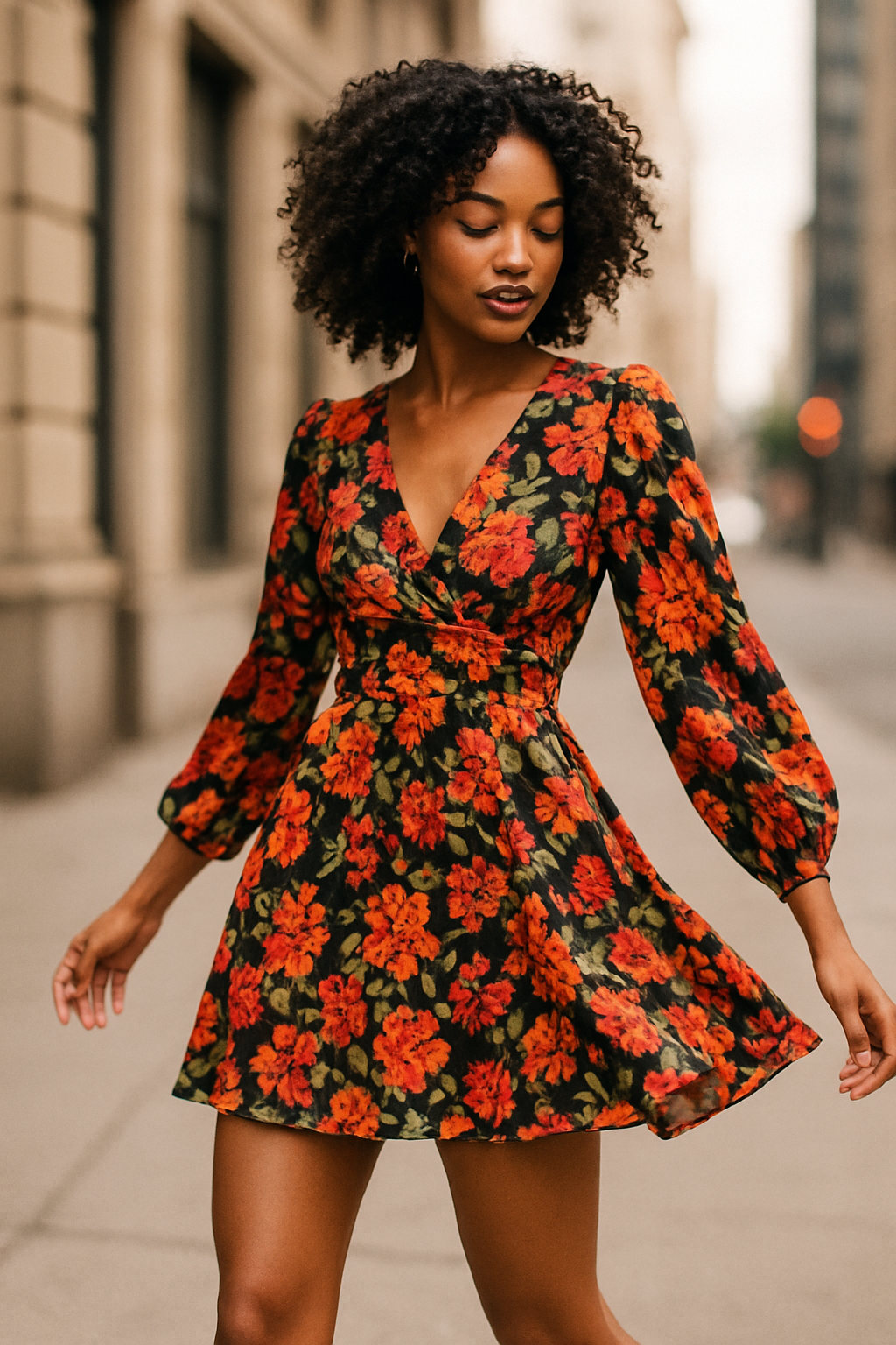 Woman in a floral mini dress with confident street style pose