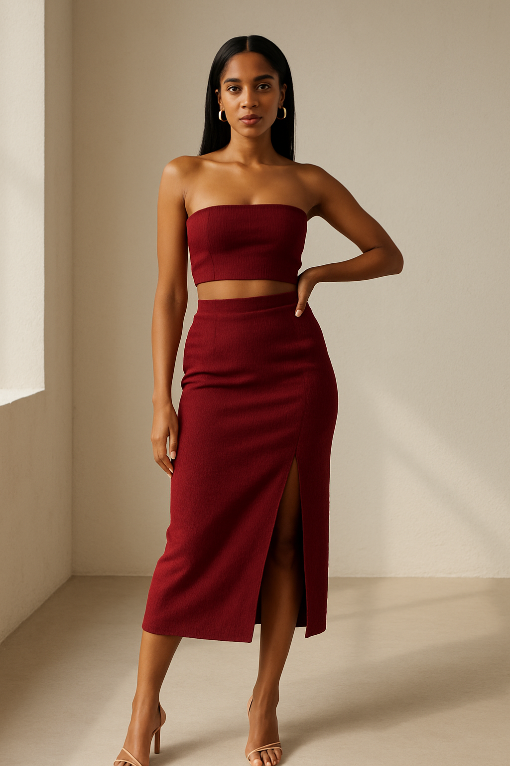 Model in a coordinated red boutique set posing in a modern studio