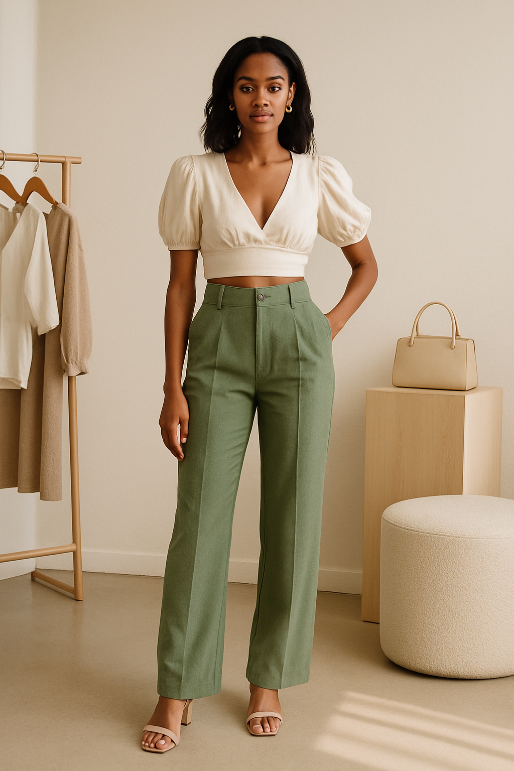 Model wearing a fresh spring outfit with a cropped ivory blouse and high-waisted sage trousers in a bright boutique studio