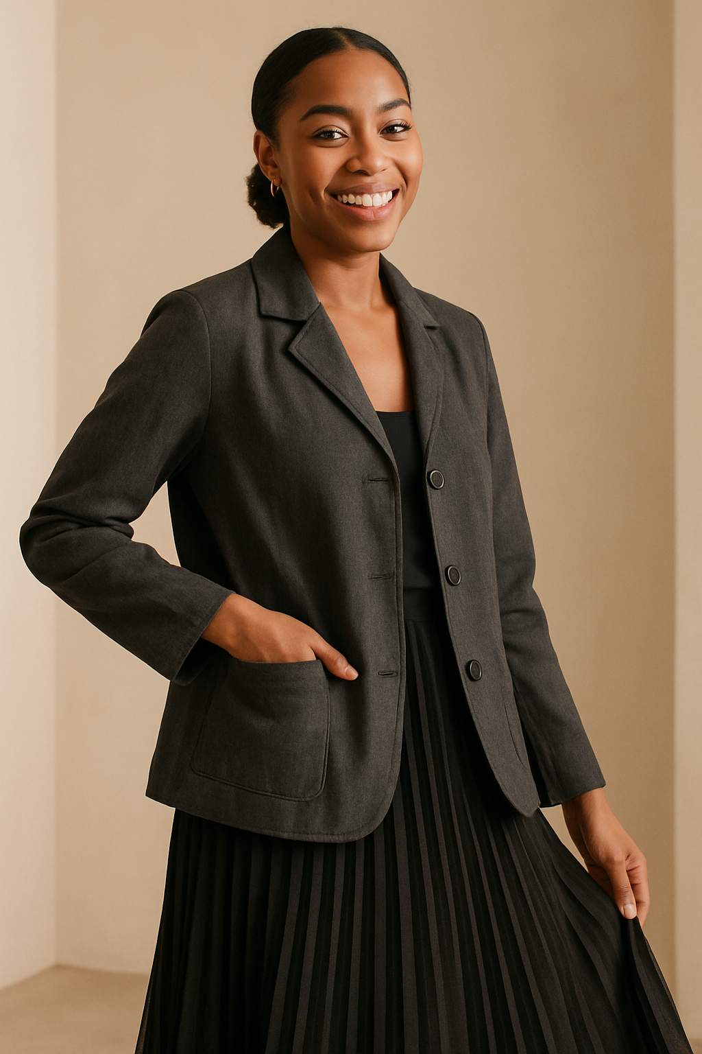Smiling model in a lightweight charcoal jacket and pleated skirt showcasing discounted boutique fashion pieces