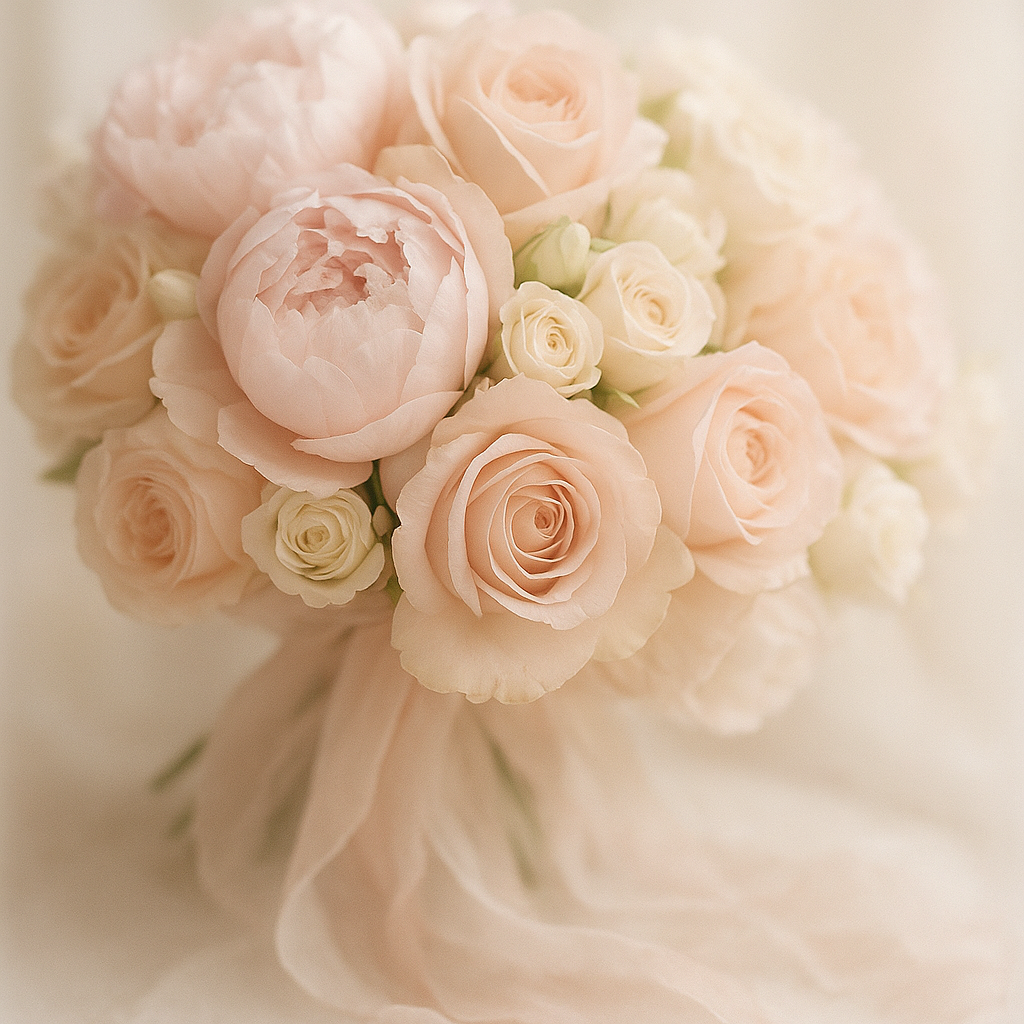 Close-up of bridal bouquet with soft pastel flowers