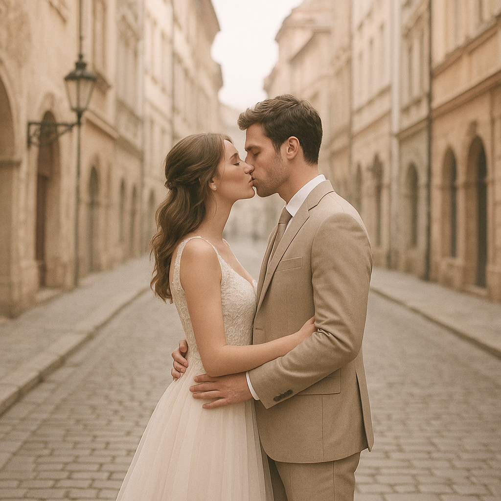 Couple sharing a kiss in a historic city street