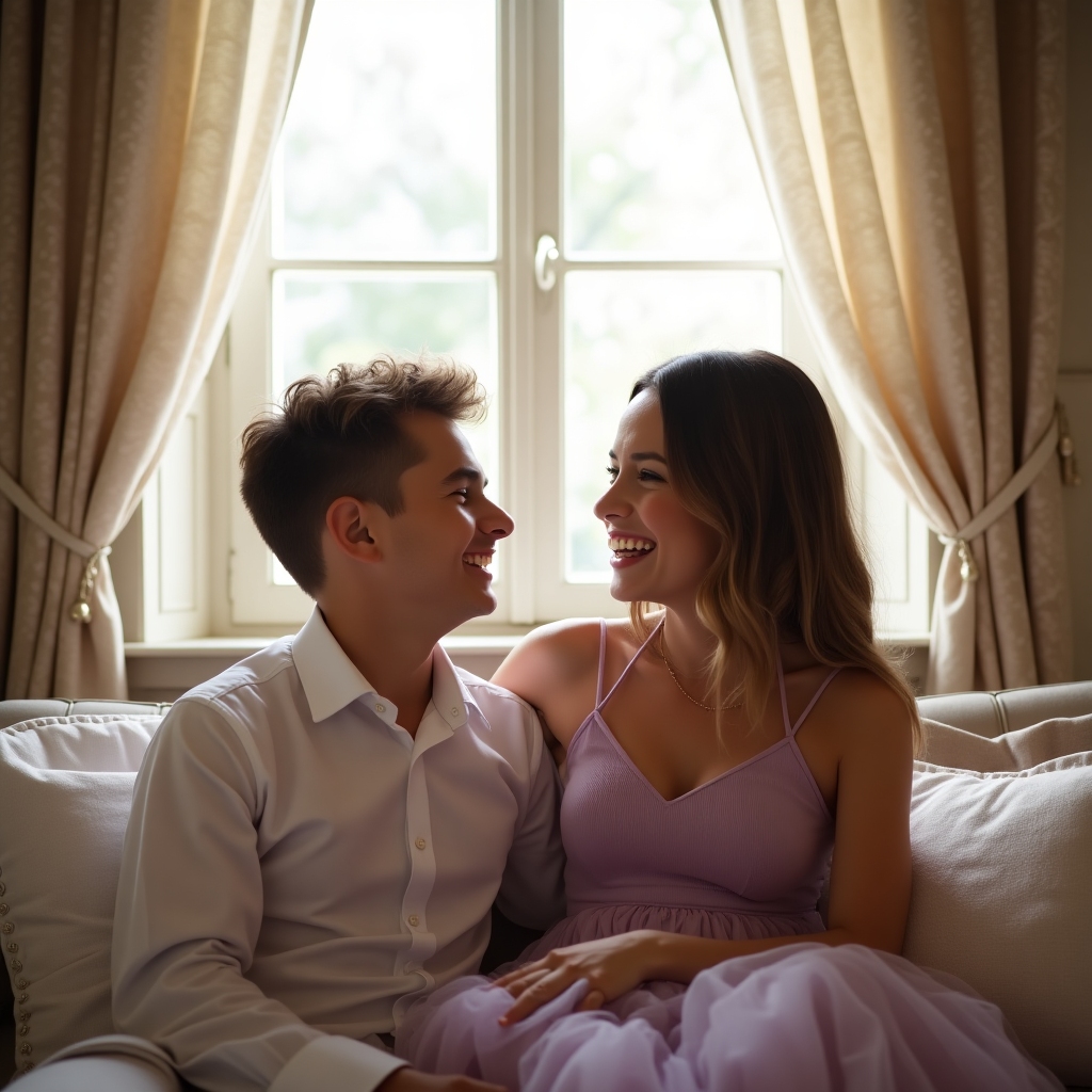 Noah and Amélie laughing beneath soft light