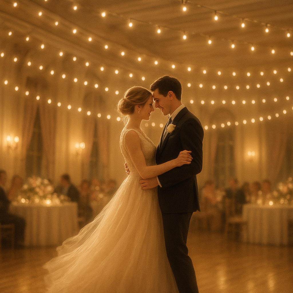 First dance under warm lights in a reception hall