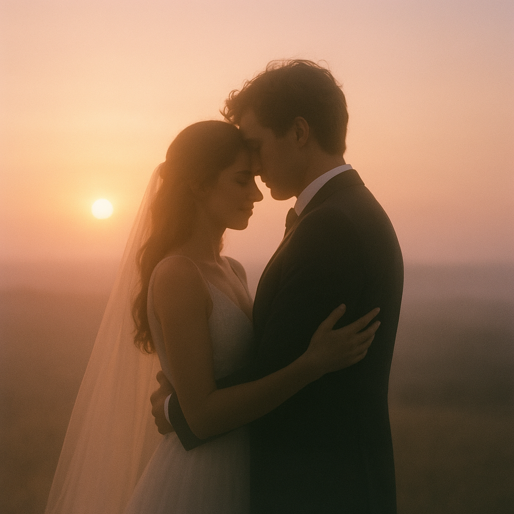 Couple embracing at sunset with soft horizon