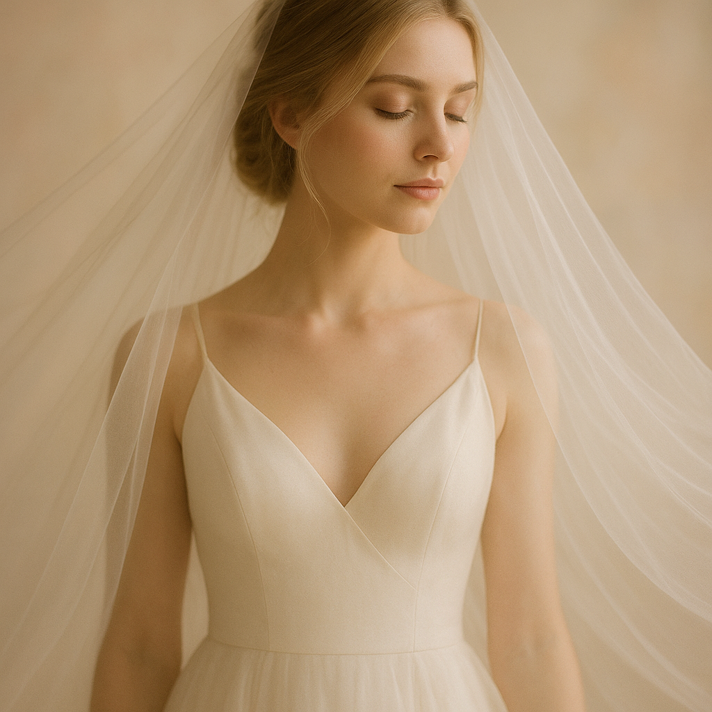 Bride portrait with flowing veil and soft glow