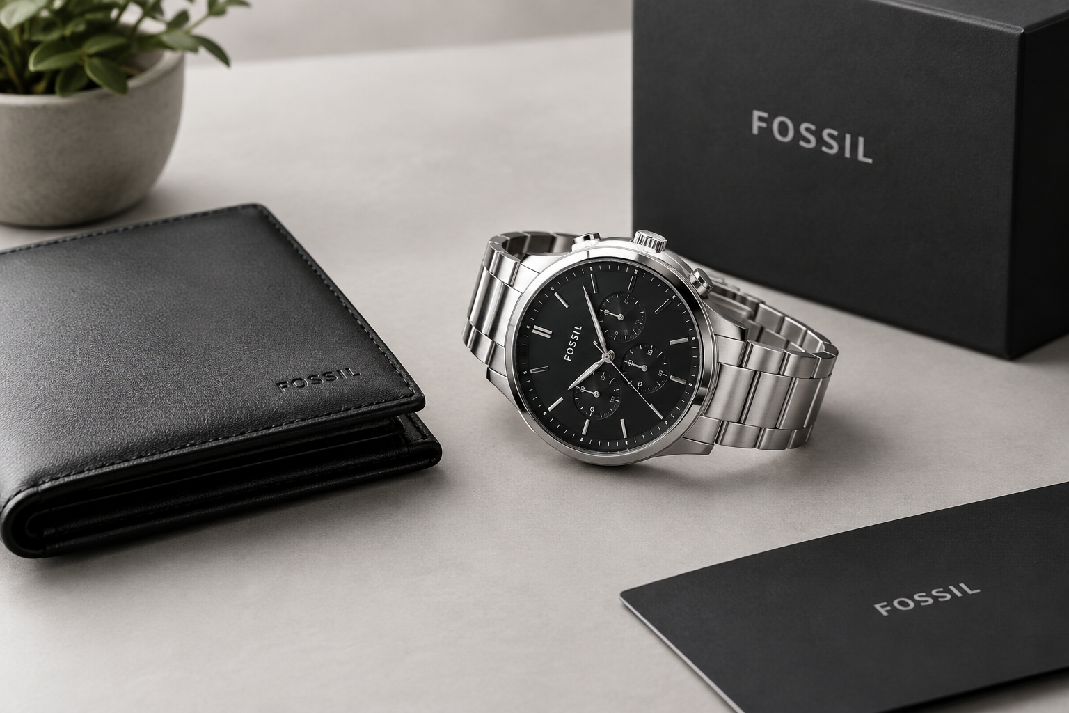 Close-up retail lifestyle detail featuring a premium wristwatch, leather accessory, and neatly arranged branded packaging on a clean display surface