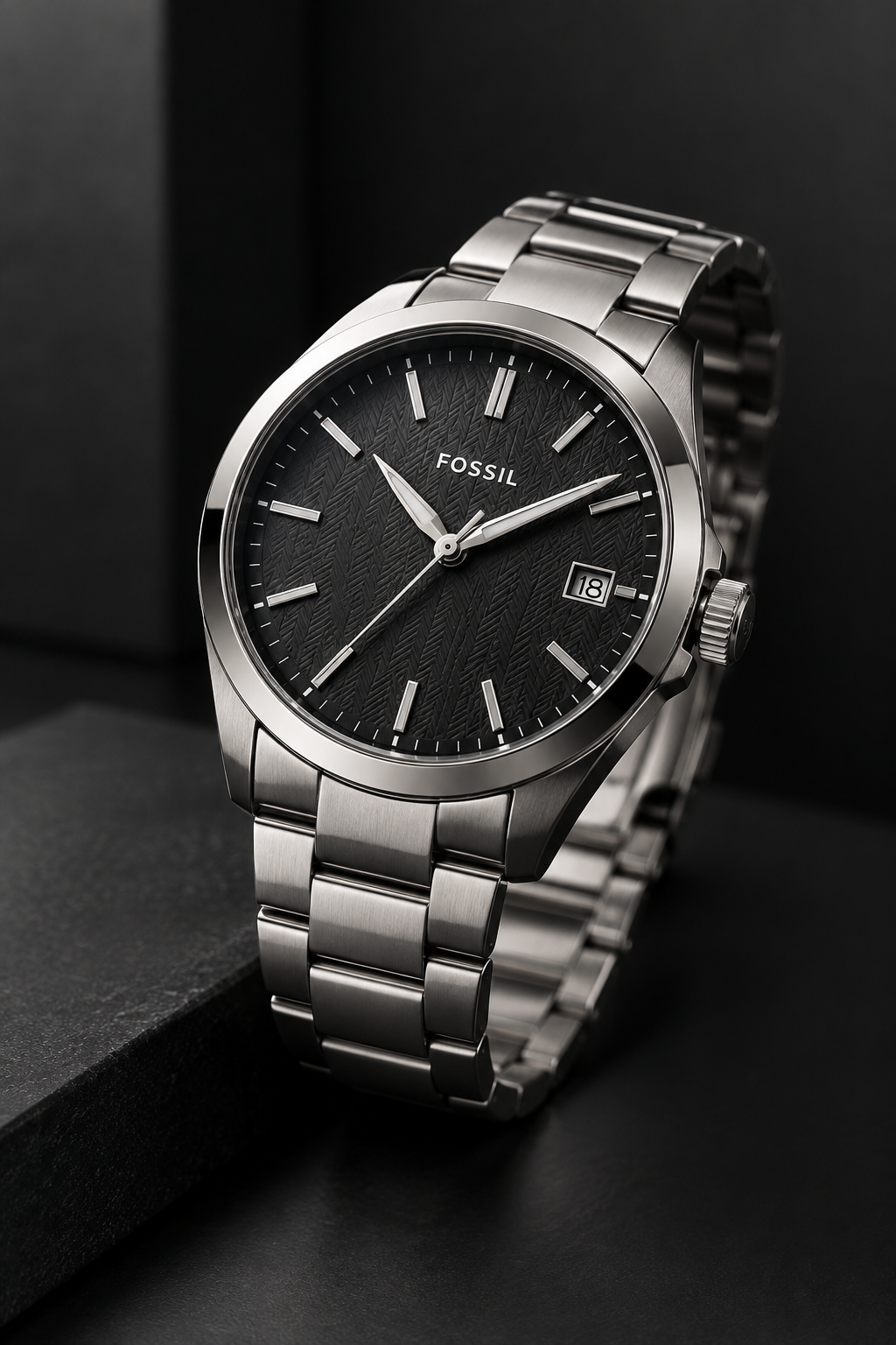 Premium stainless steel branded wristwatch product photograph on a clean editorial retail set