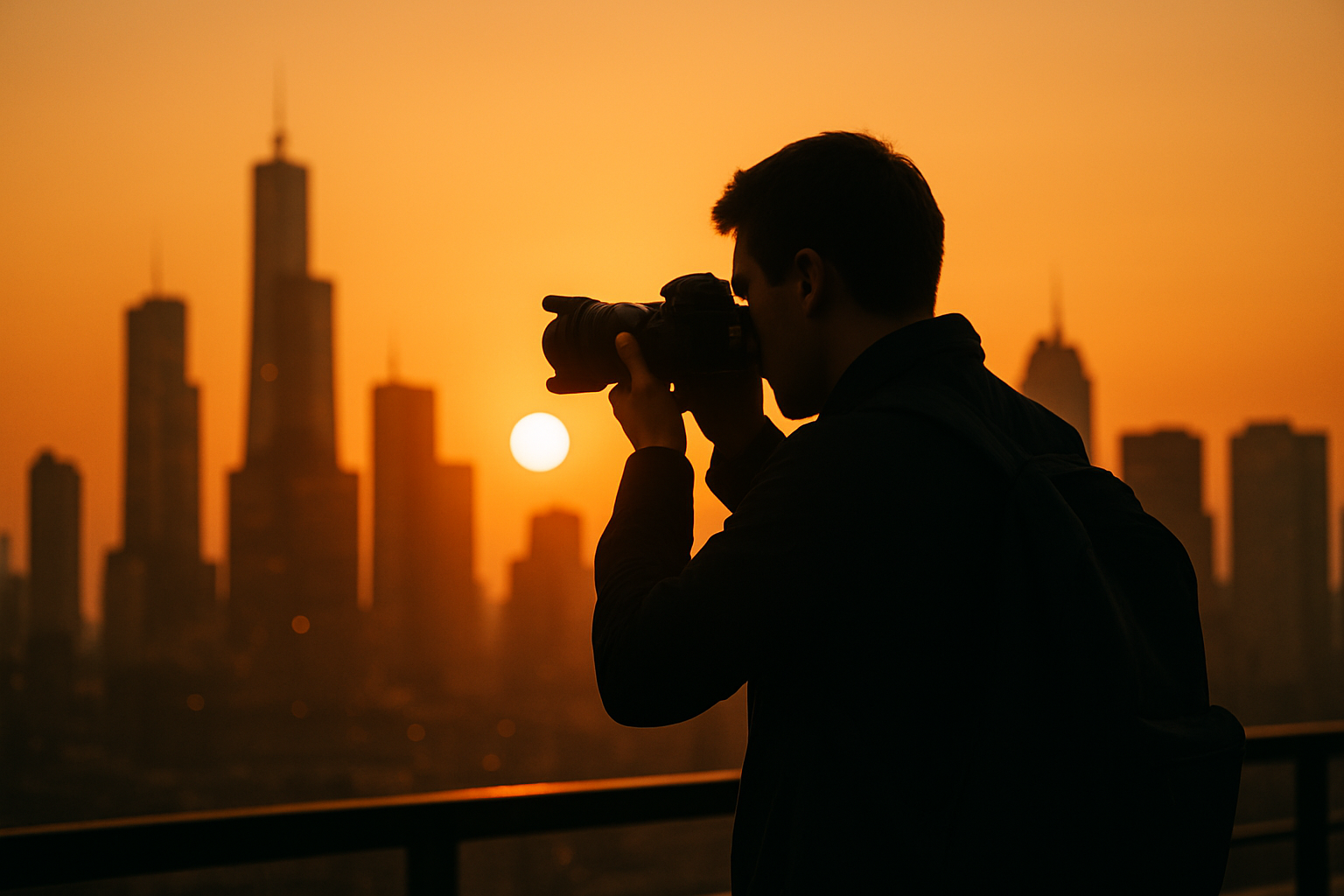 Golden hour cityscape: a photographer silhouetted against a glowing skyline
