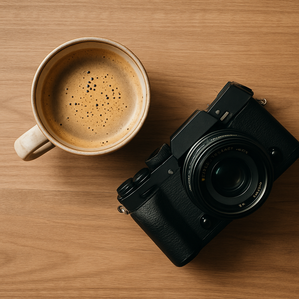 Creative top-down photo of coffee and camera on a wooden desk