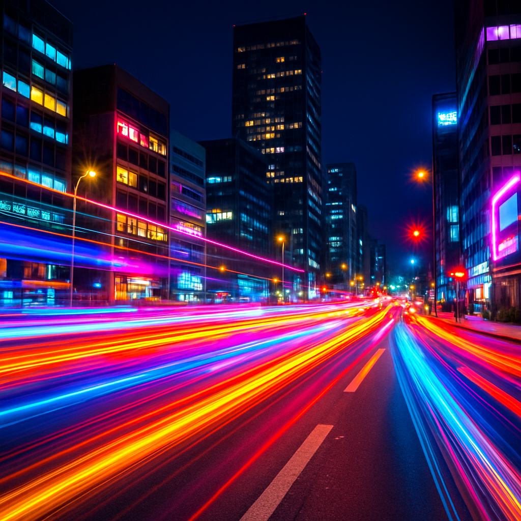 Vibrant long-exposure photo of moving traffic at night in a city
