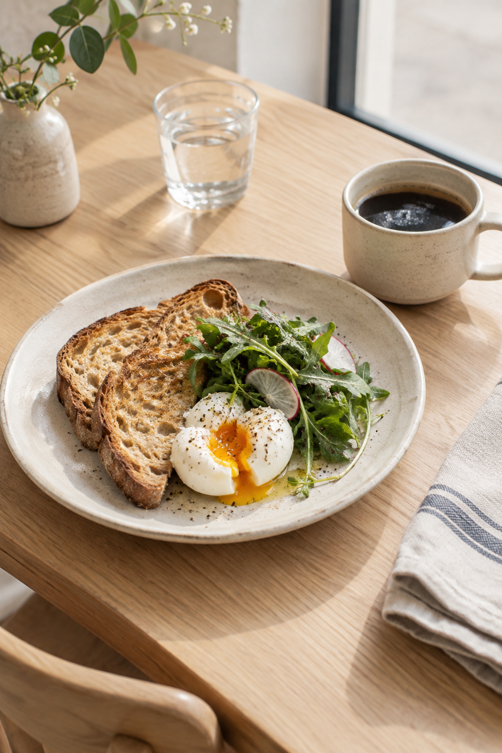 Simple breakfast plate with toasted sourdough, soft egg, greens and a linen napkin
