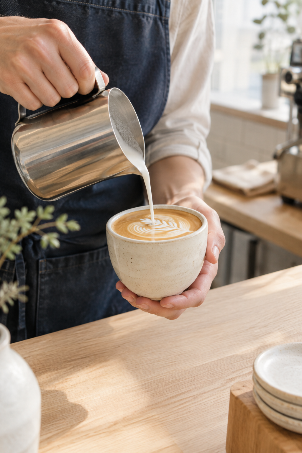 Barista pouring silky milk into a handmade cream ceramic cup