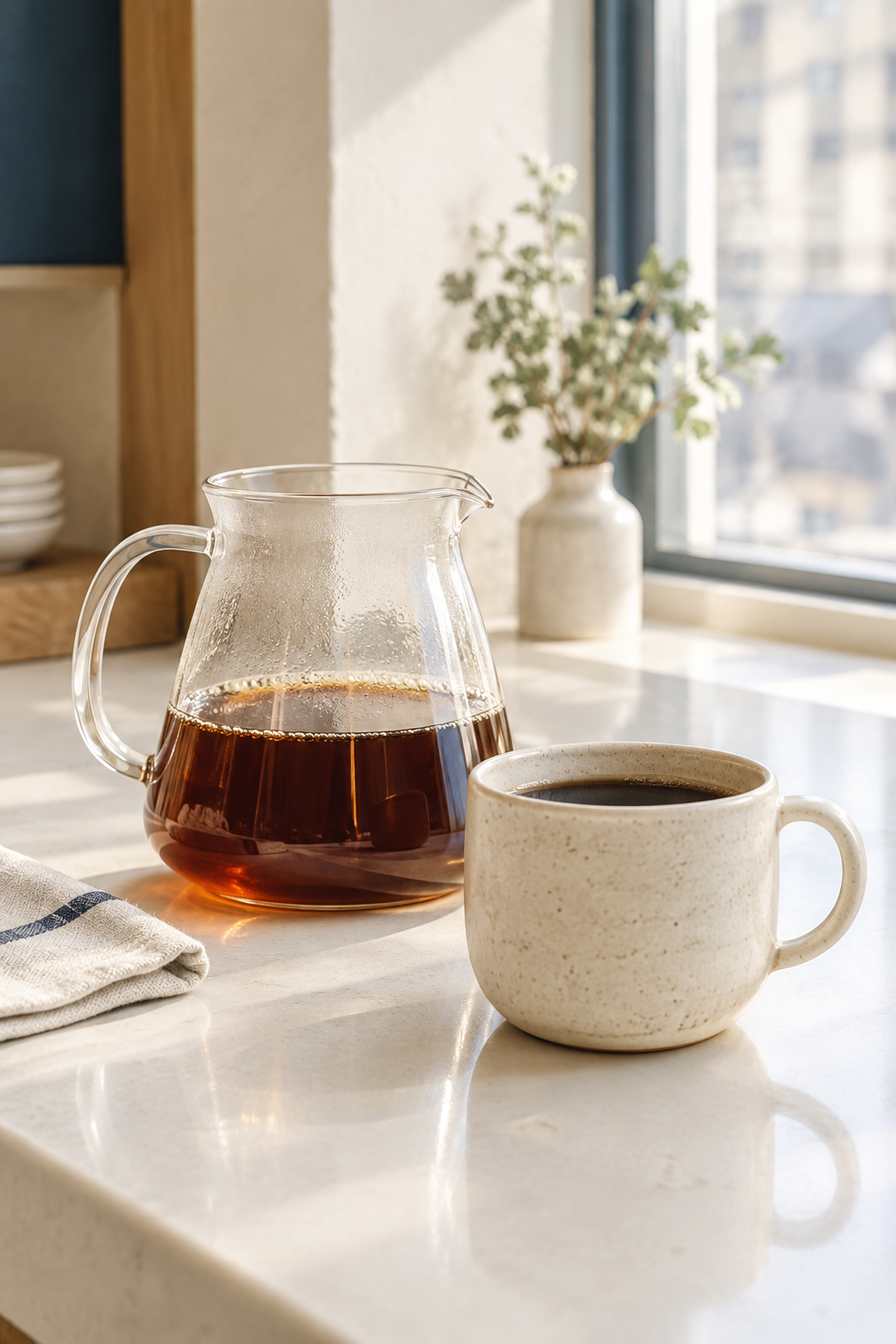 Clear glass server of fresh filter coffee beside a ribbed ceramic mug