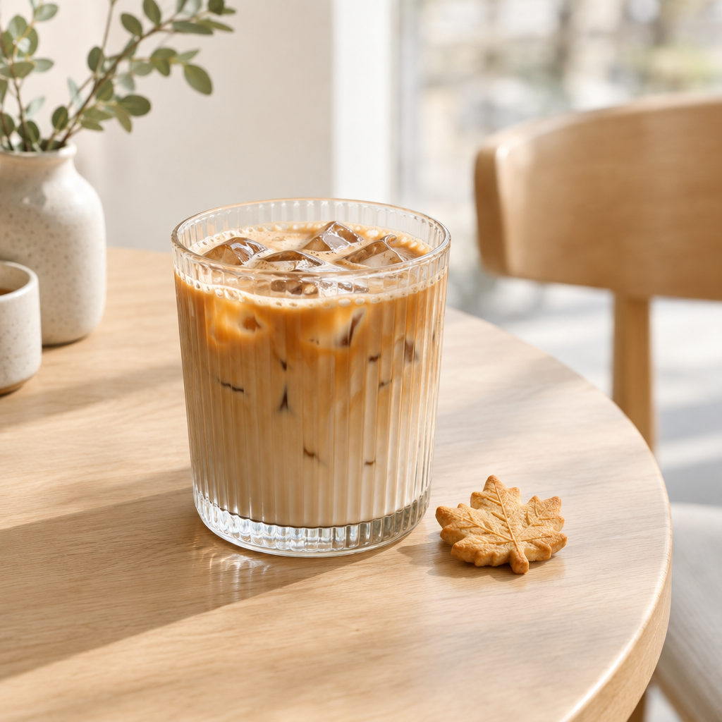 Iced maple oat latte in a clear glass beside a small maple leaf-shaped biscuit
