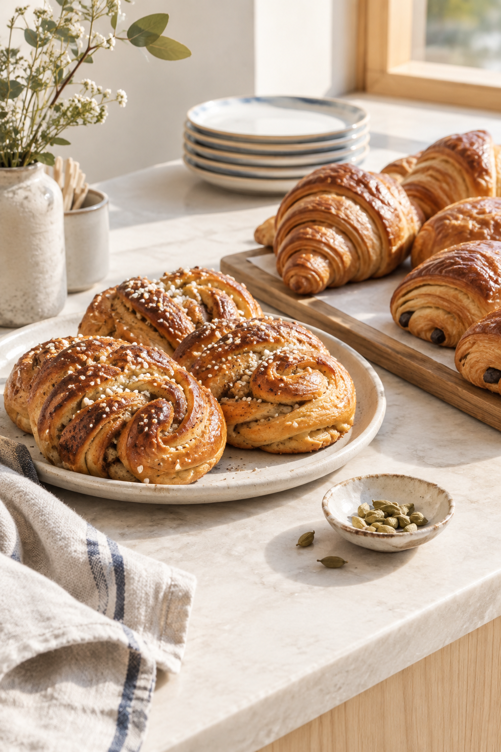 Golden cardamom buns and flaky pastries arranged on a pale stone counter