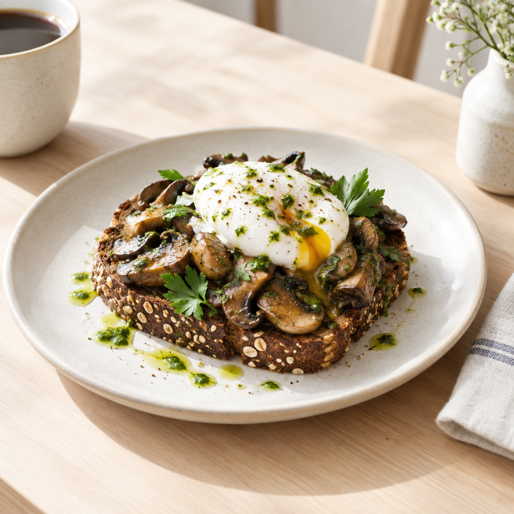 Open-faced dark rye toast topped with roasted mushrooms, herbs, and a soft egg