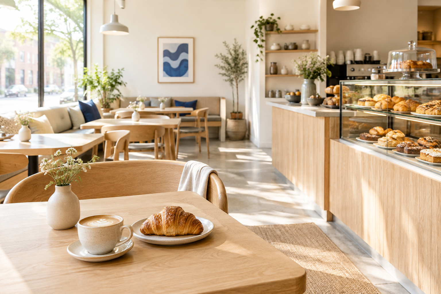 Bright Scandinavian-inspired North Dock Coffee interior with pale wood tables, pastries, and natural daylight
