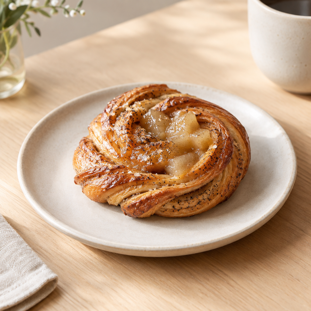 Golden cardamom bun filled with pear compote on a pale ceramic plate