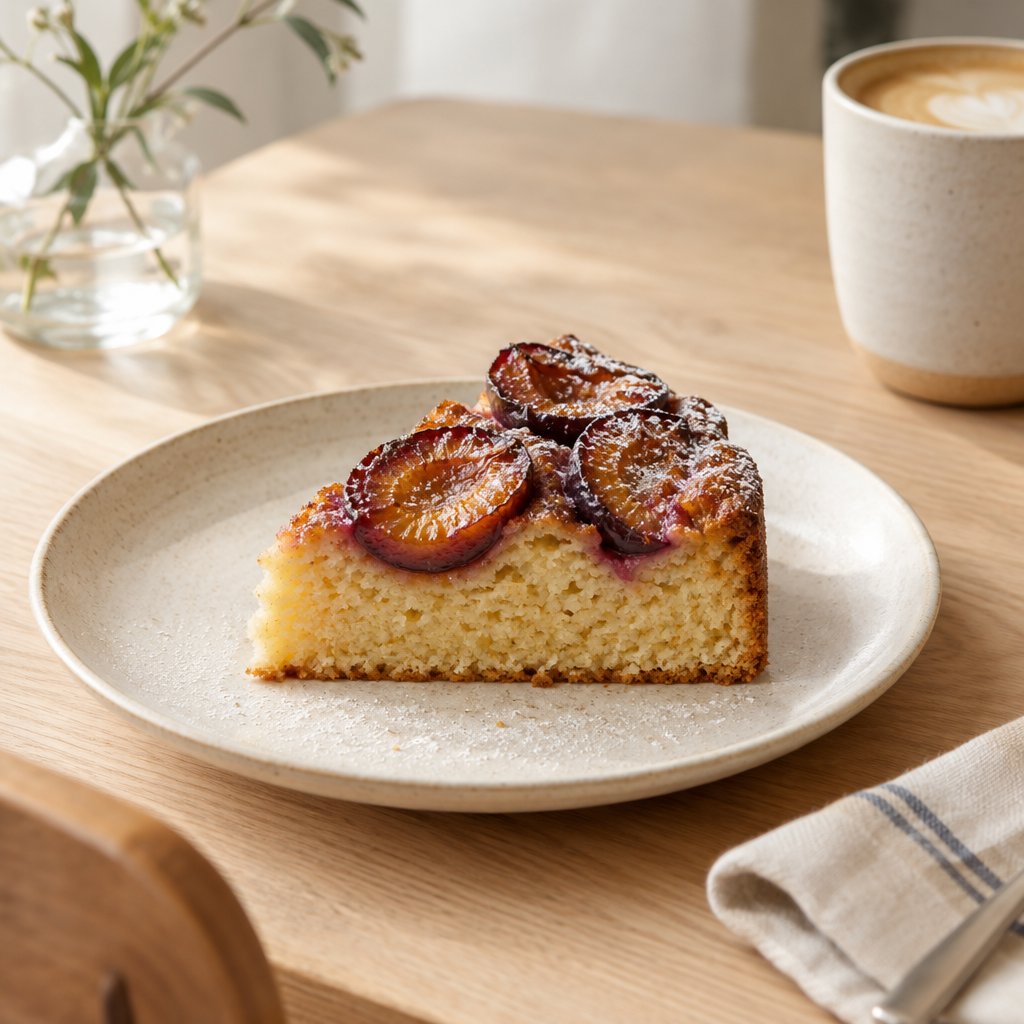 Slice of pale yogurt cake with roasted purple plums and a dusting of sugar