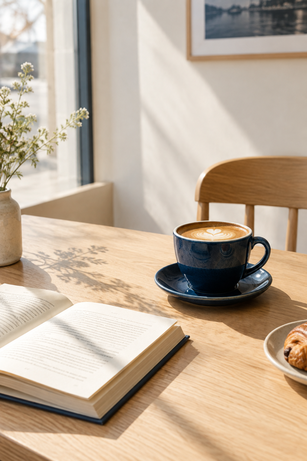 Quiet corner table with an open book, dark coffee cup and warm natural light
